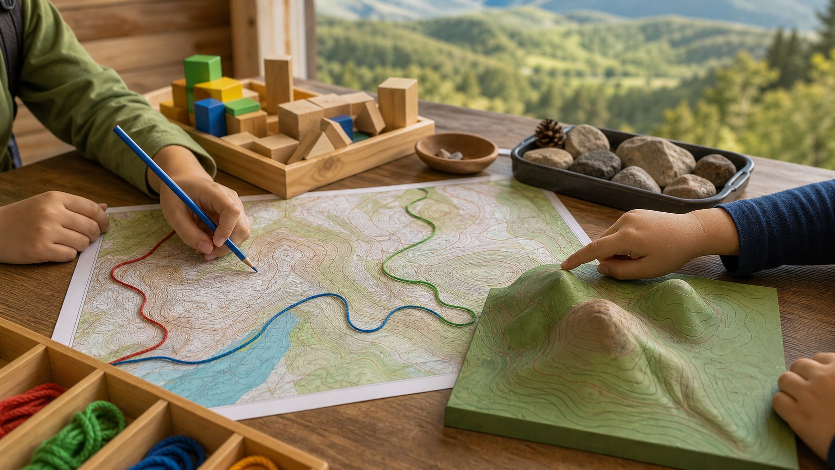 Featured image for How to Teach Kids to Read Topographic Maps showing topographic map reading and terrain context